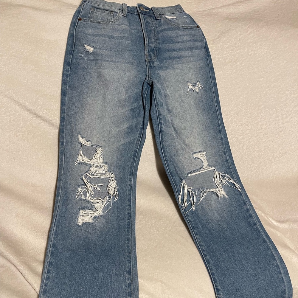 Cello Light Blue Distressed Straight Leg Jeans